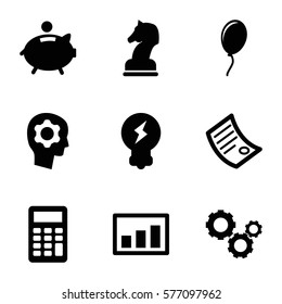 Startup icon. Set of 9 Startup filled icons such as gear, piggy bank, graph, bulb, calculator, document, gear in head, balloon