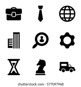 Startup icon. Set of 9 Startup filled icons such as user search, gear, globe, case, truck, tie, building, horse chess
