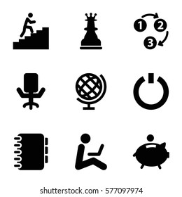 Startup icon. Set of 9 Startup filled icons such as switch off, piggy bank, globe, office chair, 1 2 3, man climbing stairs, man sitting with laptop, chess king