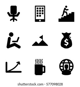 Startup icon. Set of 9 Startup filled icons such as mountain, graph, office chair, user globe, calendar on phone, man climbing stairs, man sitting with laptop, mug