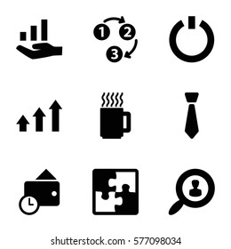 Startup icon. Set of 9 Startup filled icons such as user search, graph, switch off, wallet, 1 2 3, puzzle, tie, mug