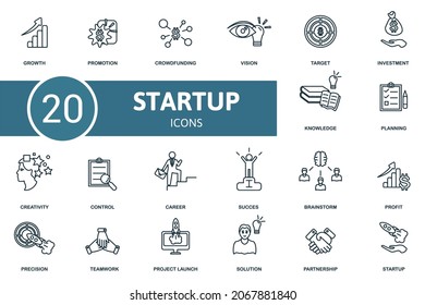 Startup icon set. Collection of simple elements such as the growth, promotion, crowdfunding, planning, creativity, career, vision.