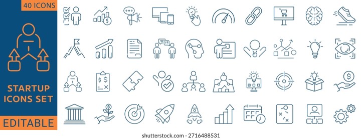 Conjunto de iconos de inicio. Contiene startup, Plan empresarial, innovación, inversión, lanzamiento, financiación, inversor, emprendimiento y más. Totalmente Editable. Ilustración vectorial.