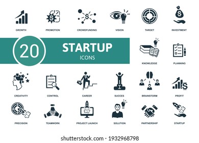 Conjunto de iconos de inicio. Contiene iconos editables tema de inicio como promoción, visión, inversión y más.
