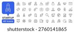 Startup icon set. Development icons in line style. Editable web icons for launch project, innovation, idea, strategy, funding, development business etc. Vector illustration.