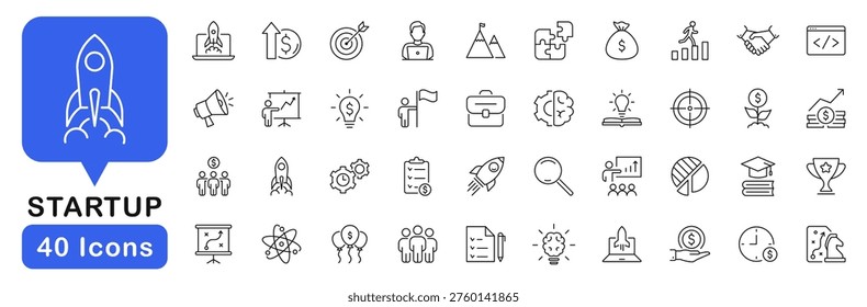 Startup icon set. Development icons in line style. Editable web icons for launch project, innovation, idea, strategy, funding, development business etc. Vector illustration.