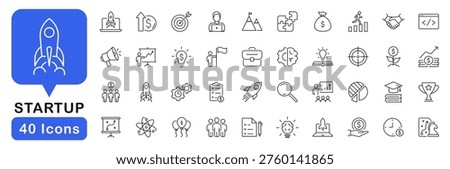 Startup icon set. Development icons in line style. Editable web icons for launch project, innovation, idea, strategy, funding, development business etc. Vector illustration.