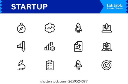 Startup Icon Set Featuring Business Launch, Innovation, Growth, and Entrepreneurship Symbols in Vector Style