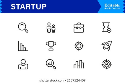 Startup Icon Set Featuring Business Launch, Innovation, Growth, and Entrepreneurship Symbols in Vector Style