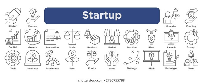 Startup-Icon-Set mit Venture, Gründer, Finanzierung, Innovation und Wert. bearbeitbare Vektorgrafik