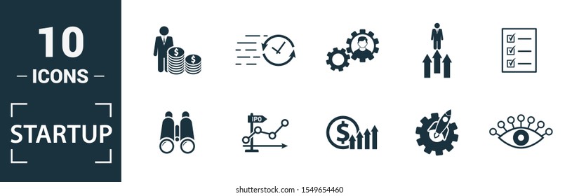 Startup icon set. Include creative elements goal, business plan, prototype, business incubator, vision icons. Can be used for report, presentation, diagram, web design.