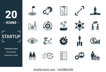 Startup icon set. Include creative elements goal, business plan, prototype, business incubator, vision icons. Can be used for report, presentation, diagram, web design.