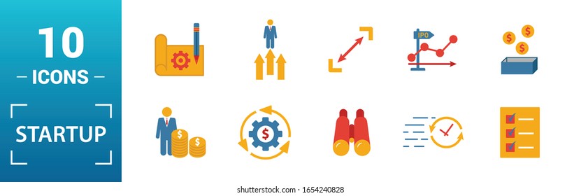 Startup icon set. Include creative elements goal, business plan, prototype, business incubator. Can be used for report, presentation, diagram, web design.