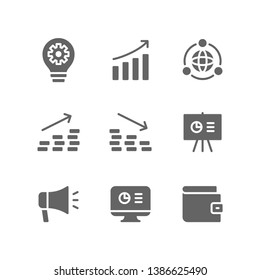 Startup icon set including innovation, growth, profit, networking, loss, presentation, marketing, data analysis, wallet