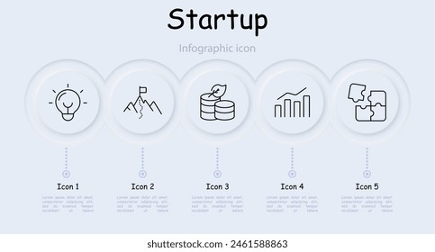 Startup icon set. Infographic, neomorphism, statistics, graphs, percentage, diagram, path to goal, strategy, saving money, puzzle, task, right on target. Commercial project concept.