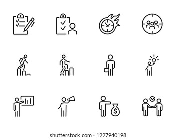 Startup icon. Set of line icons on white background. Plan, target audience, promotion. Project concept. Vector illustration can be used for topics like business, management, marketing