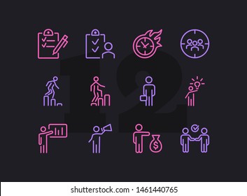 Startup icon. Set of line icons on white background. Plan, target audience, promotion. Project concept. Vector illustration can be used for topics like business, management, marketing