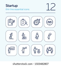Startup icon. Set of line icons on white background. Plan, target audience, promotion. Project concept. Vector illustration can be used for topics like business, management, marketing