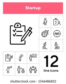Startup icon. Set of line icons on white background. Plan, target audience, promotion. Project concept. Vector illustration can be used for topics like business, management, marketing