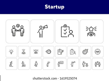 Icono de inicio. Conjunto de iconos de línea en fondo blanco. Plan, público objetivo, promoción. Concepto del proyecto. La ilustración vectorial puede utilizarse para temas como negocios, administración, marketing