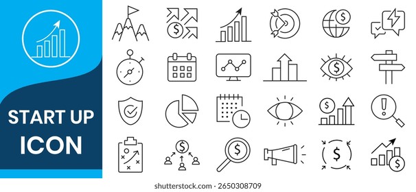 Startup icon. Set of line vector icons on the theme of business, investment, finance, development, market analysis. Startup Launch symbol collection vector