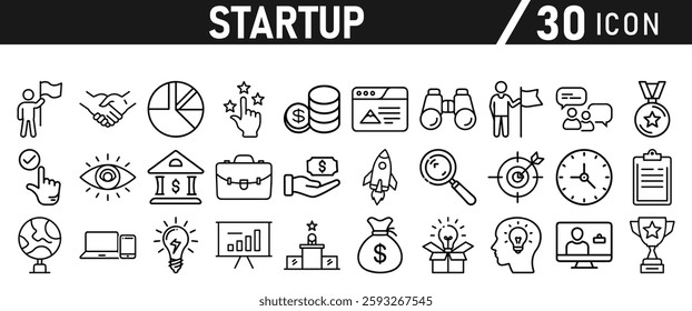 Startup icon set in liner style. Innovation, business plan, investment, launch, funding, investor and entrepreneurship icons. Solid icon collection.
