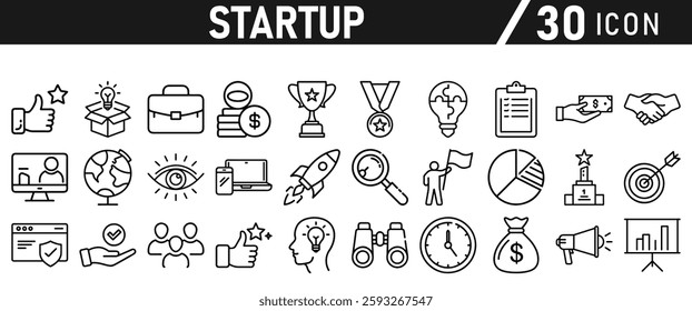 Startup icon set in liner style. Innovation, business plan, investment, launch, funding, investor and entrepreneurship icons. Solid icon collection.