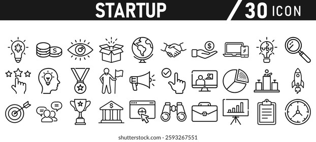 Startup icon set in liner style. Innovation, business plan, investment, launch, funding, investor and entrepreneurship icons. Solid icon collection.