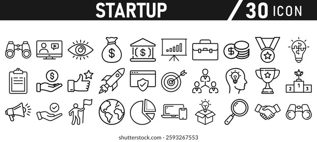 Startup icon set in liner style. Innovation, business plan, investment, launch, funding, investor and entrepreneurship icons. Solid icon collection.