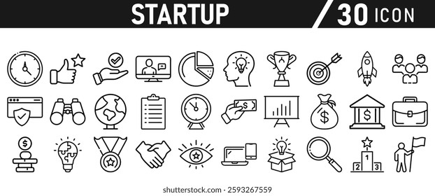 Startup icon set in liner style. Innovation, business plan, investment, launch, funding, investor and entrepreneurship icons. Solid icon collection.