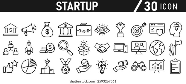 Startup icon set in liner style. Innovation, business plan, investment, launch, funding, investor and entrepreneurship icons. Solid icon collection.