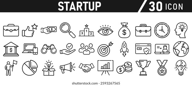 Startup icon set in liner style. Innovation, business plan, investment, launch, funding, investor and entrepreneurship icons. Solid icon collection.