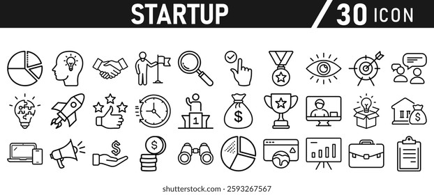 Startup icon set in liner style. Innovation, business plan, investment, launch, funding, investor and entrepreneurship icons. Solid icon collection.