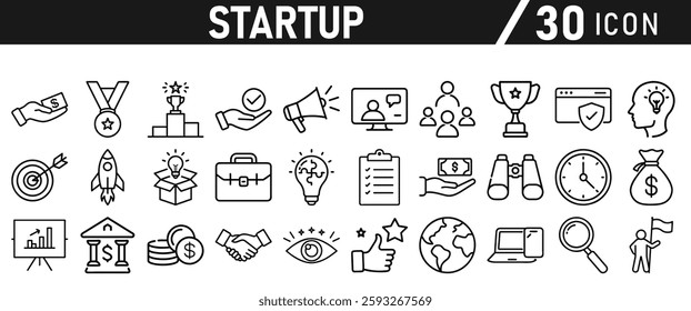 Startup icon set in liner style. Innovation, business plan, investment, launch, funding, investor and entrepreneurship icons. Solid icon collection.