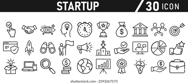 Startup icon set in liner style. Innovation, business plan, investment, launch, funding, investor and entrepreneurship icons. Solid icon collection.