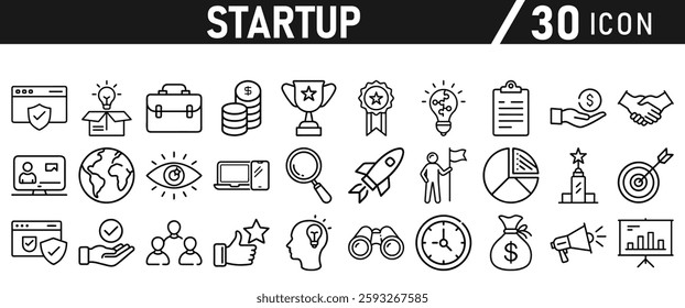 Startup icon set in liner style. Innovation, business plan, investment, launch, funding, investor and entrepreneurship icons. Solid icon collection.