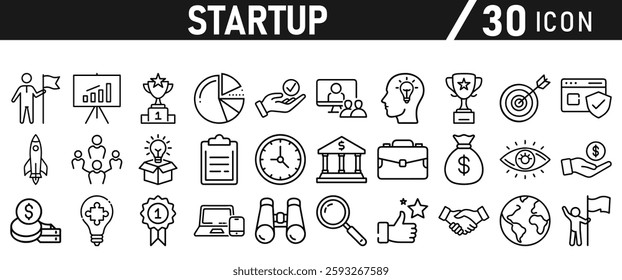 Startup icon set in liner style. Innovation, business plan, investment, launch, funding, investor and entrepreneurship icons. Solid icon collection.