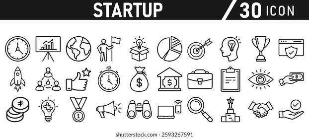 Startup icon set in liner style. Innovation, business plan, investment, launch, funding, investor and entrepreneurship icons. Solid icon collection.
