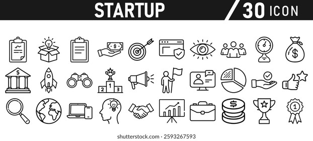 Startup icon set in liner style. Innovation, business plan, investment, launch, funding, investor and entrepreneurship icons. Solid icon collection.