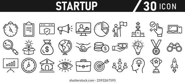 Startup icon set in liner style. Innovation, business plan, investment, launch, funding, investor and entrepreneurship icons. Solid icon collection.