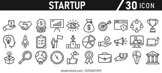 Startup icon set in liner style. Innovation, business plan, investment, launch, funding, investor and entrepreneurship icons. Solid icon collection.