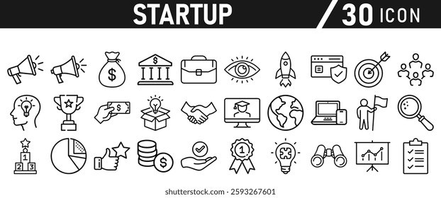 Startup icon set in liner style. Innovation, business plan, investment, launch, funding, investor and entrepreneurship icons. Solid icon collection.