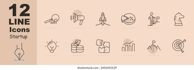 Startup icon set. Loudspeaker, magnifying glass, statistics, graphs, rocket, percentage, diagram, path to goal, strategy, saving money, puzzle, task, right on target. Commercial project concept.