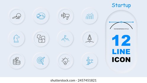 Startup icon set. Loudspeaker, magnifying glass, statistics, graphs, rocket, percentage, neomorphism, path to goal, strategy, saving money, puzzle, task, right on target. Commercial project concept.