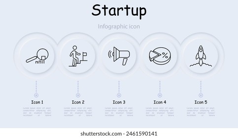Conjunto de iconos de inicio. Altavoz, lupa, estadísticas, gráficos, cohete, porcentaje, diagrama, camino a la meta, estrategia, ahorro de dinero, infografía, tarea, justo en el objetivo. Concepto de proyecto comercial.