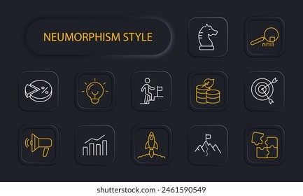 Conjunto de iconos de inicio. Altavoz, lupa, estadísticas, gráficos, cohete, porcentaje, diagrama, camino a la meta, ahorrar dinero, rompecabezas, tarea, justo en el objetivo, neomorfismo. Concepto de proyecto comercial.