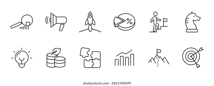 Startup icon set. Loudspeaker, magnifying glass, statistics, graphs, rocket, percentage, diagram, path to goal, strategy, saving money, puzzle, task, right on target. Commercial project concept.