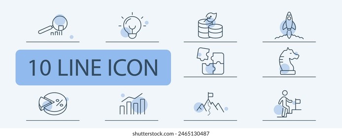 Startup icon set. Loudspeaker, magnifying glass, statistics, graphs, rocket, percentage, diagram, path to goal, strategy, saving money, puzzle, task, right on target. Commercial project concept.