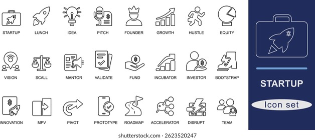 Ícone de inicialização definido. Ícones modernos de start-ups de arte em linha abrangendo inovação, lançamento, apresentação, financiamento, crescimento e sucesso. Perfeito para aplicativos, sites e marcas digitais.