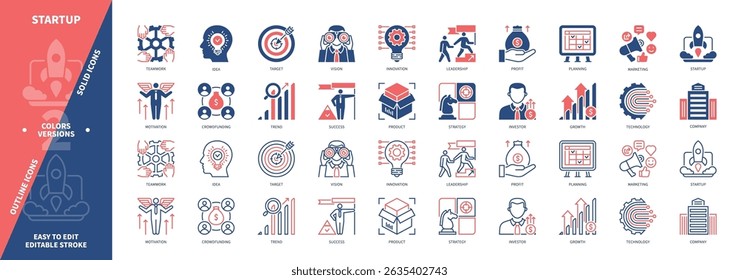 Startup icon set. Motivation, Teamwork, Idea, Planning, Product, Marketing, Investors, Success. Duotone color solid and editable outline icons